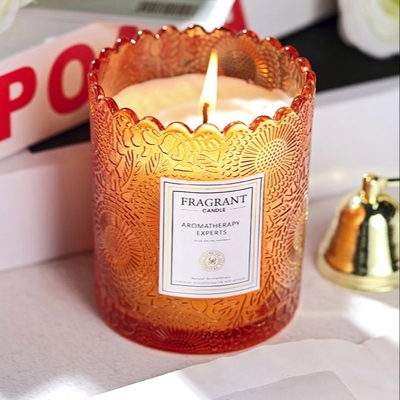 Highly Scented Lavender Essential Oil Candle In Embossed Glass